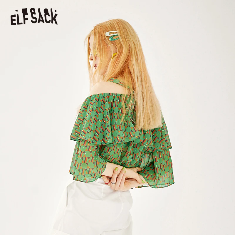 Женская блузка ELFSACK с зелеными оборками и рукавом бабочкой летняя 2019|Блузки| |