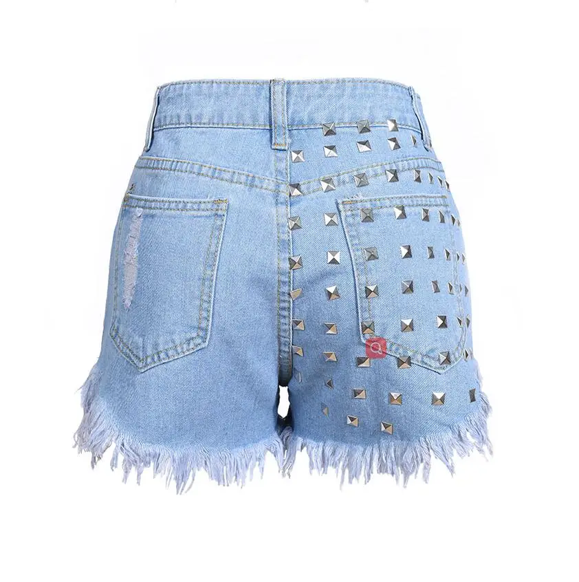2018 летние Женская Мода Винтаж кисточкой заклепки рваные Высокая талия Короткие