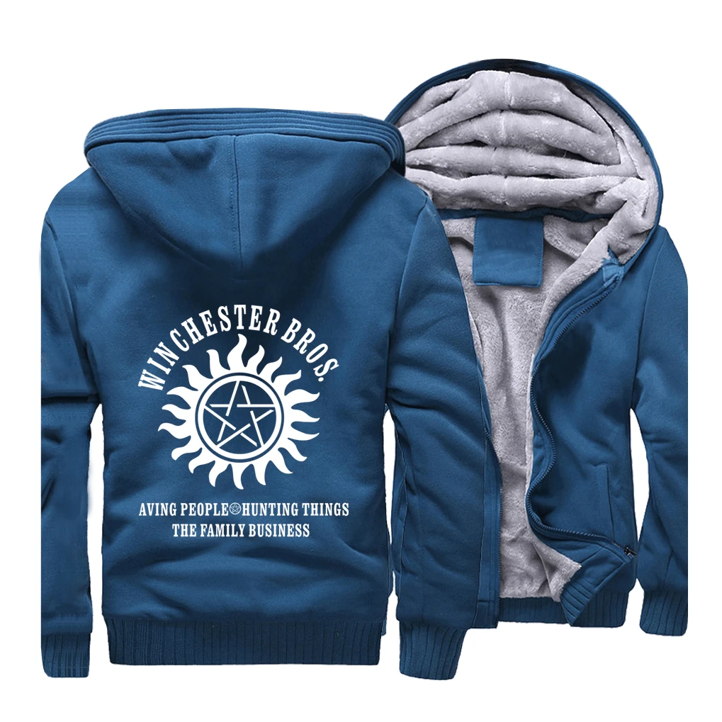 Supernatural Streetwear Hoodies Winchester Brothers Sweatshirt Men Winter Fleece Thick Hooded Sportswear Coat Hoodie Jackets - Color: lake blue 5