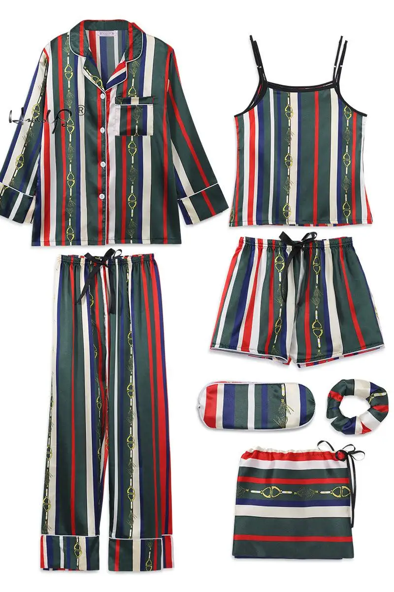 Stripe Printing Women's 7 Pieces Pajamas Sets Emulation Silk Satin Pajamas Women Sleepwear Sets Spring Summer Autumn Homewear