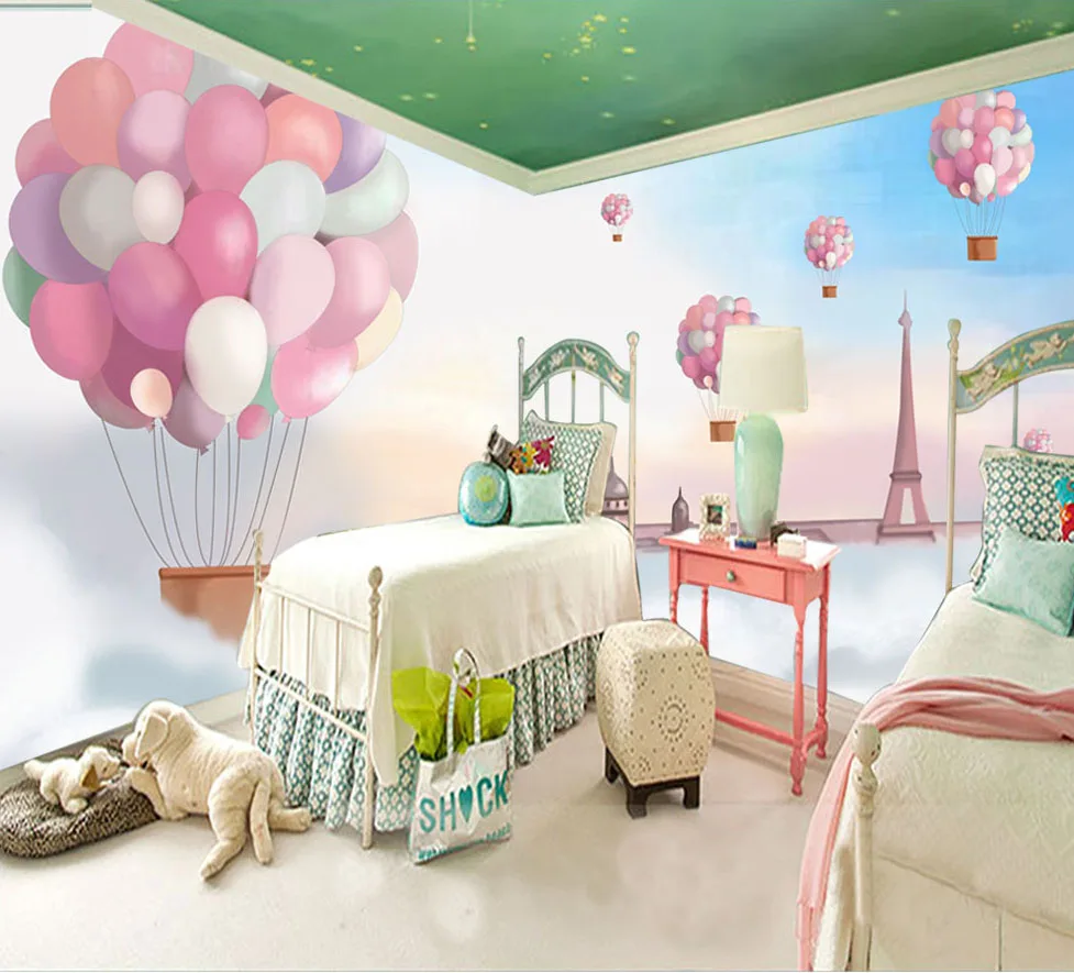 8d Cartoon Pink balloon wall sticker for lliving room TV background wallpaper 3d Kids bedroom mural paper Decor | Обустройство дома