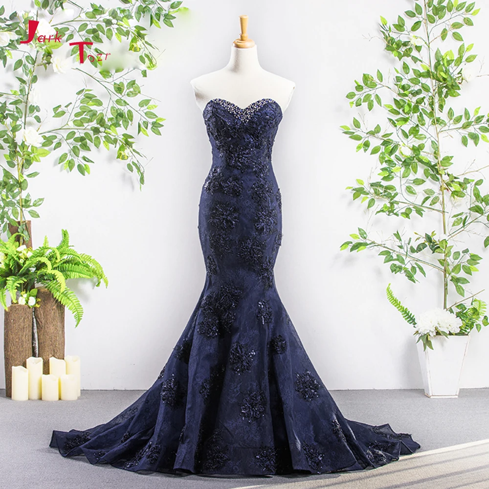 Jark Tozr Custom Made Bridal Gowns Sparkly Beading Crystal Neck Appliques Lace Navy Blue Mermaid Wedding Dresses Casamento | Свадьбы и