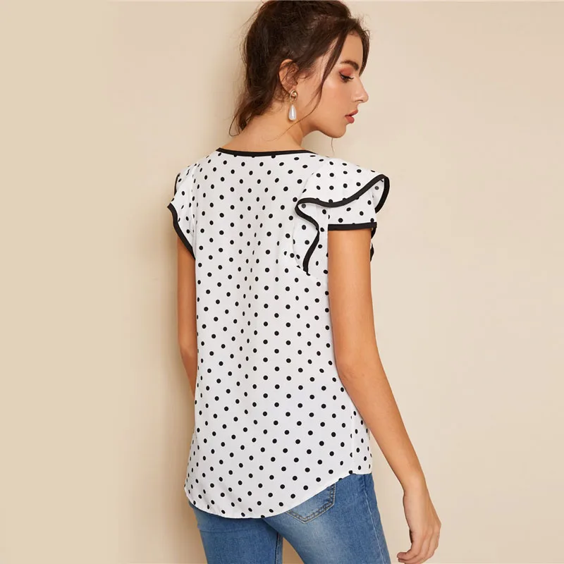 Dotfashion, белая блузка в горошек с узлом, окантовка, женская блузка, лето, Опрятный дизайн, рукав-крылышко, одежда для девушек, молодых, корейский стиль, модные топы