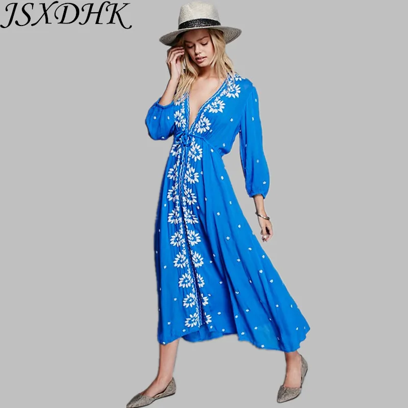 

JSXDHK Bohemian Runway Summer Women Beach Long Dress 2022 Designer Blue Floral Embroidery Cotton Sexy Deep V Neck Holiday Dress