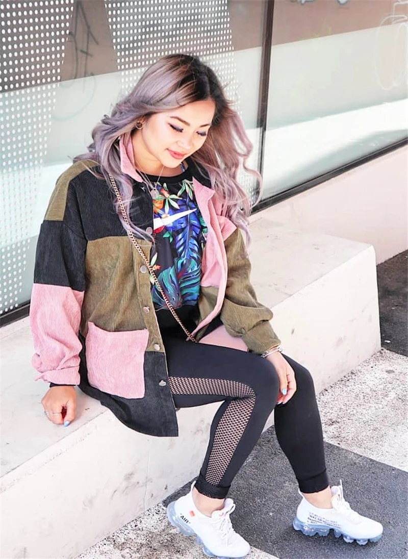 Dotfashion Вельветовая куртка с цветными блоками и карманами спереди, осень, повседневные пальто и куртки, Женская однобортная одежда, верхняя одежда