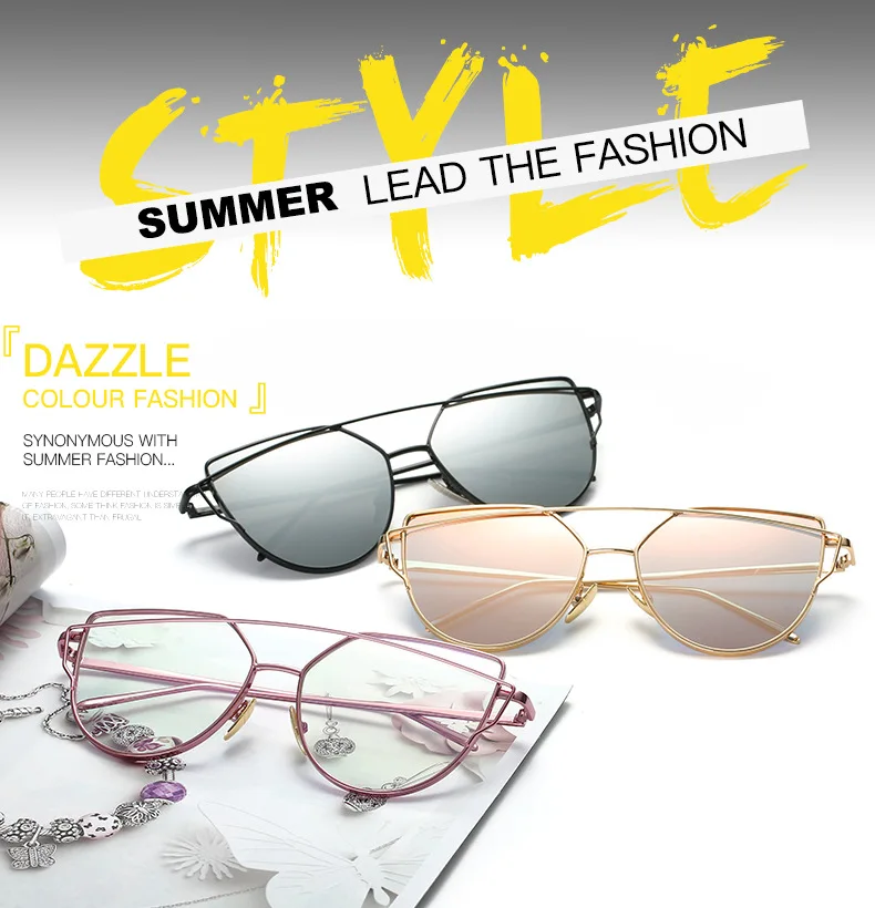 New Cat Eye Sunglasses Women Brand Designer Fashion Twin-Beams Rose Gold Mirror Cateye Sun Glasses For Female