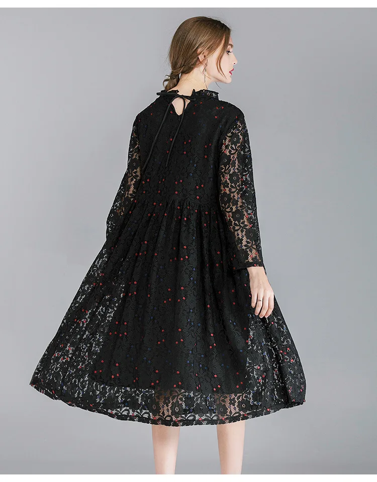 XL, XXL, XXXL, 4XL размера плюс, кружевное платье, женское, на шнуровке, с длинным рукавом, свободное, ТРАПЕЦИЕВИДНОЕ ПЛАТЬЕ, элегантное, в горошек, с принтом, вечерние, миди, розовое, зеленое