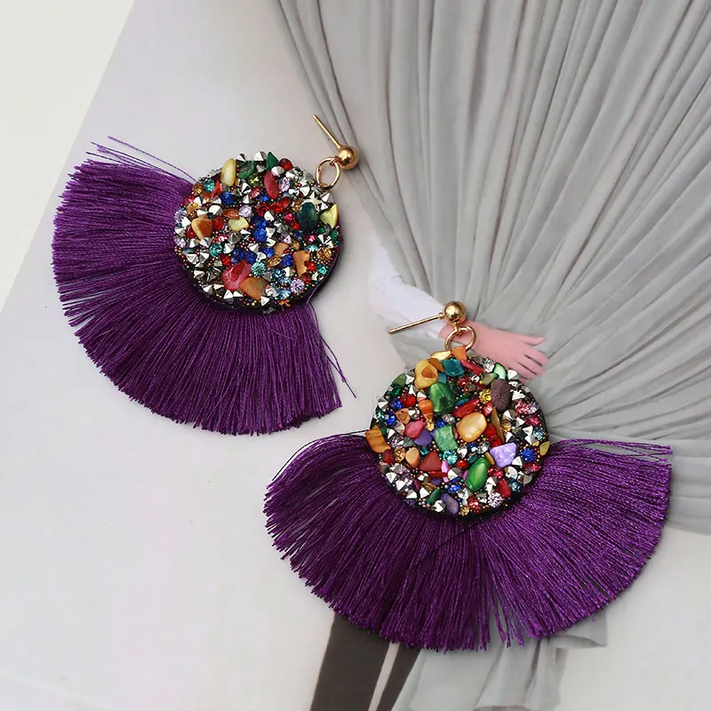 purple Стразы, натуральный камень, серьги для женщин, с кисточками, богемные, массивные, роскошные, длинные серьги с кристаллами, Геометрическая бахрома, большие этнические - Окраска металла: purple
