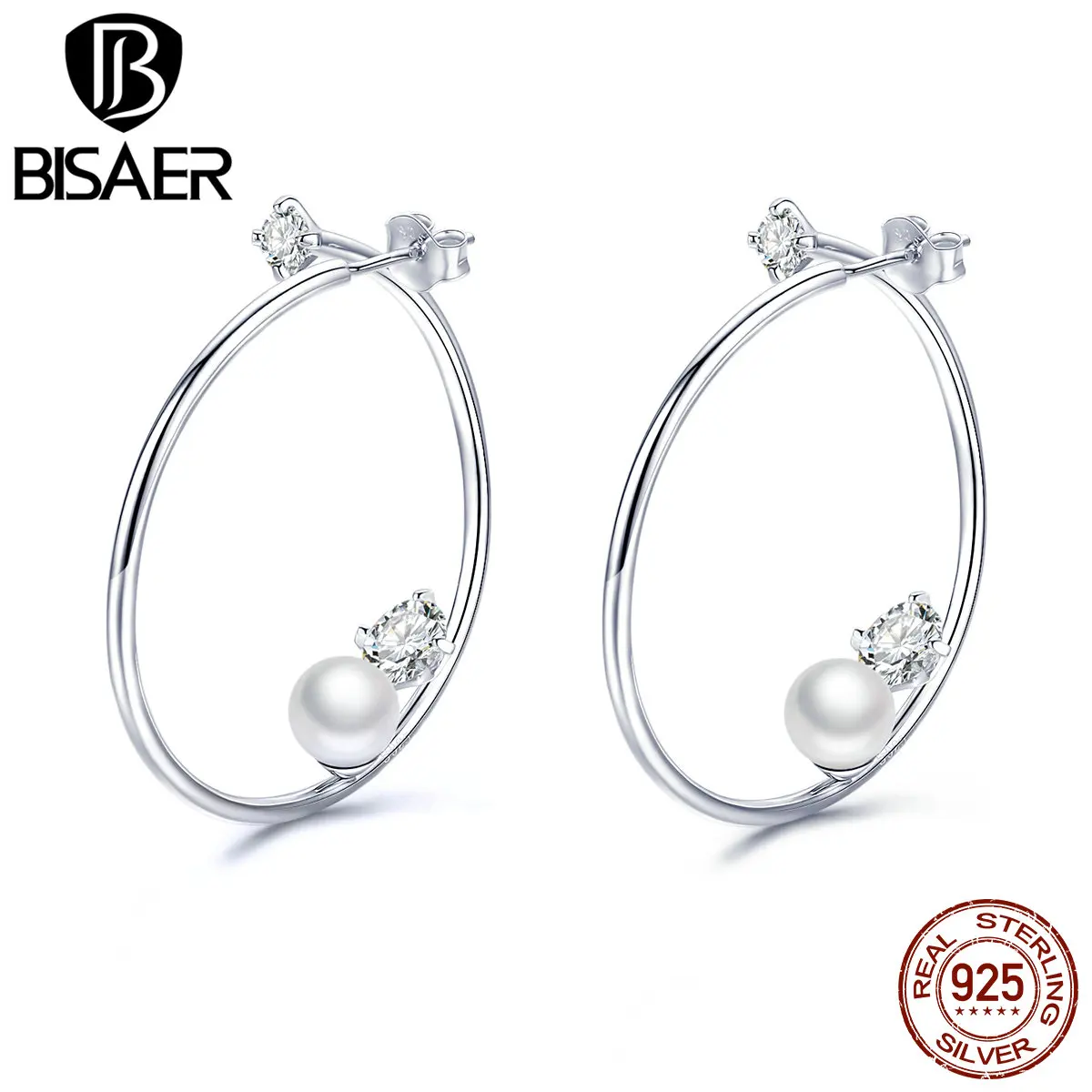 BISAER, большие круглые серьги, 925 пробы, серебряные, простые, Круглые, серьги-гвоздики для женщин, геометрическая форма, ювелирные изделия EFE074