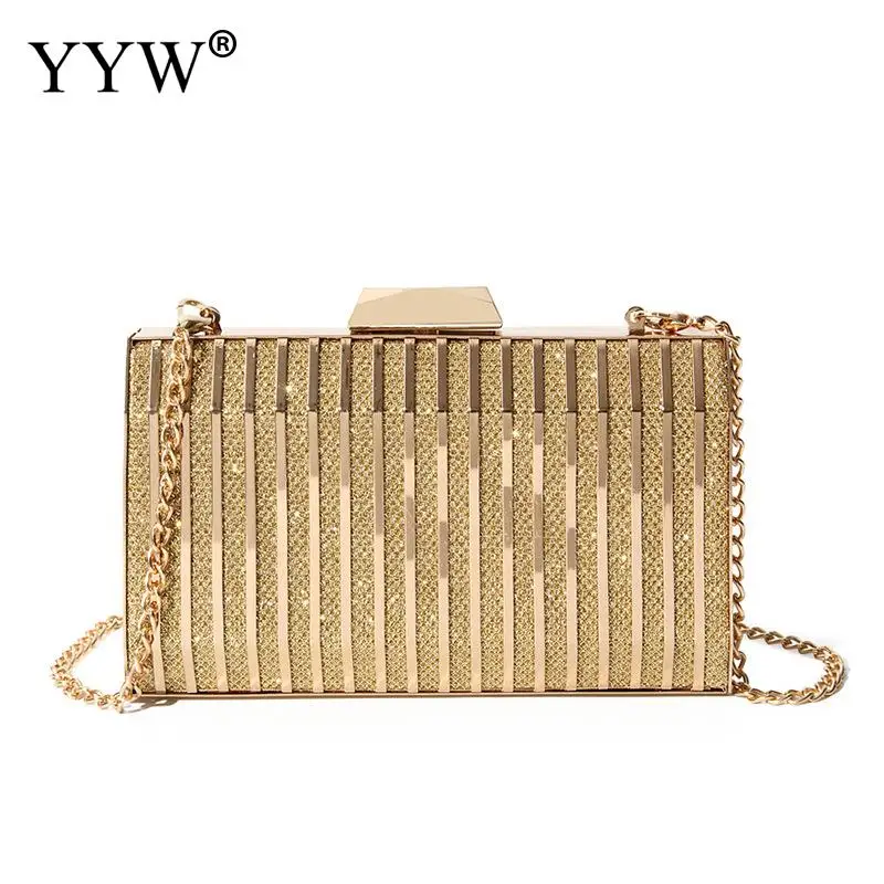 

Gold Shoulder Clutch Bag Wedding Evening Bags Small Purse Unique Iron-On Striped Lady Handbag Chain Shoulder Bolsos Mujer