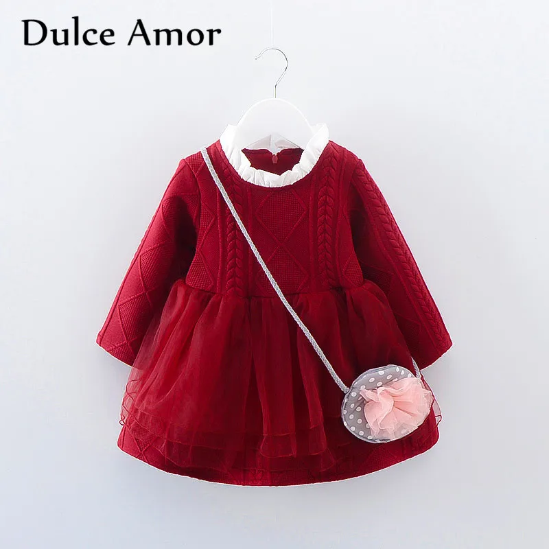 Dulce Amor/платье для девочек Одежда для маленьких девочек платье принцессы с сумочкой, высокое качество, коллекция года, весеннее кружевное платье с длинными рукавами+ сумка с аппликацией