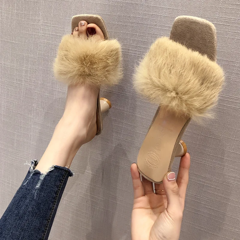 Женские пушистые тапочки 2019 женские плюшевые с лисьим мехом меховые на среднем