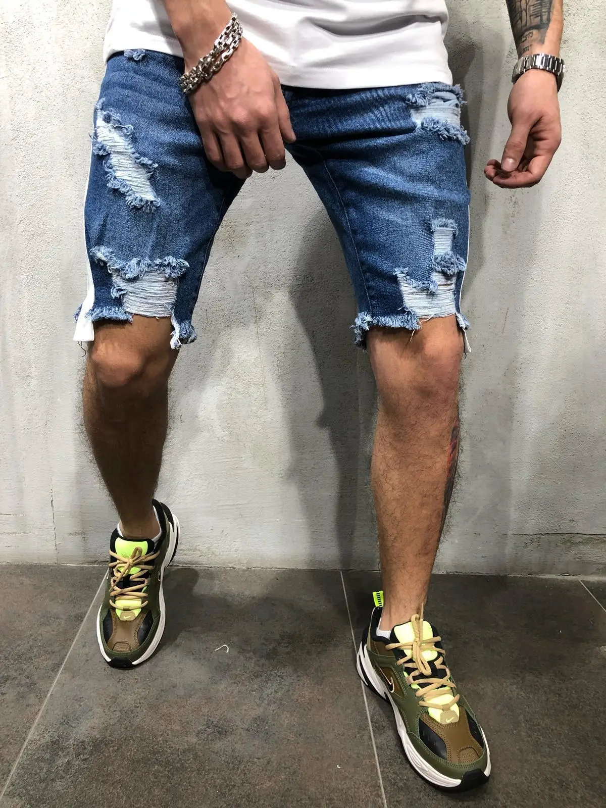 Новые мужские обтягивающие шорты джинсы Rip Slim fit из стрейчевого денима с потертостями байкерские джинсы до колен