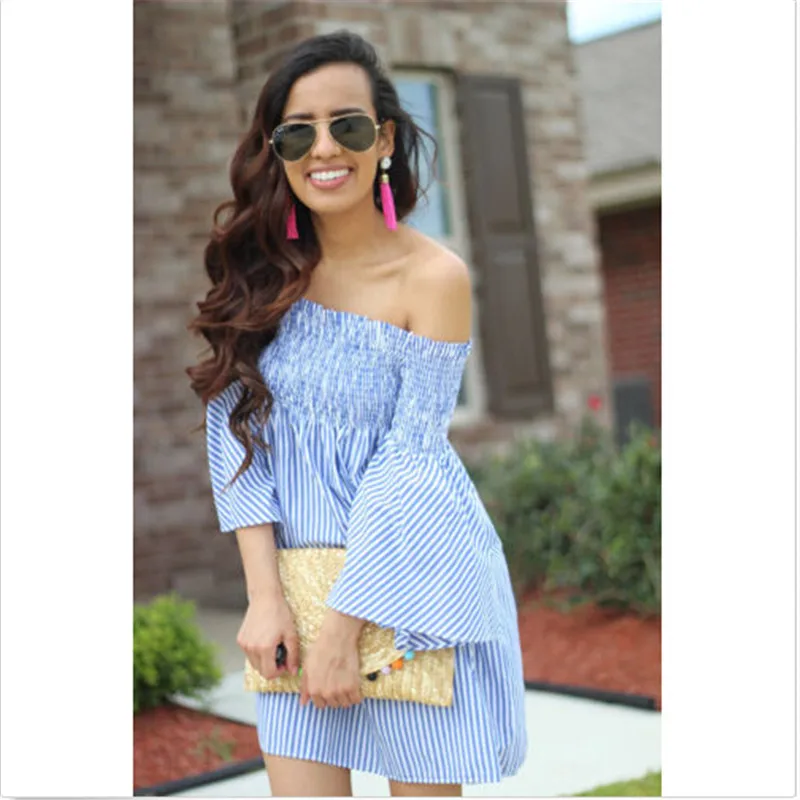 Летняя женская одежда off-the-shoulder мини-платье девушку Релаксация Лодка шеи с
