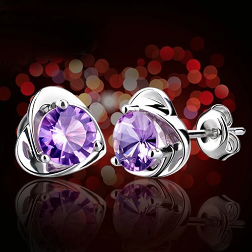 Горячая Любовь Сердце Фиолетовый Стразы посеребренные серьги-гвоздики женские