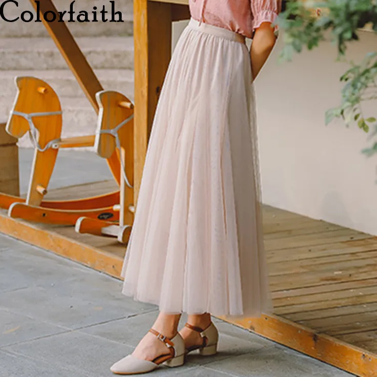 Apricot Colorfaith, новинка, весна-лето, Женская длинная сетчатая юбка, милая плиссированная юбка-пачка, расклешенное бальное платье, модное, с высокой талией, SK3921 - Цвет: Apricot
