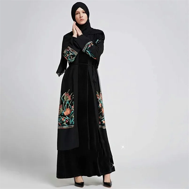 Мода Дубай Длинные Embroidered Kimono кардиган черный пол Длина рукава снаружи халаты 2018