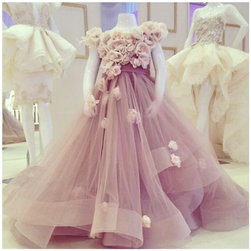 

Fascinating Flower Girl Dresses Purple Luxury Bateau Sleeveless Court Train Handmade Flowers Little Girls Pageant Tulle Gowns