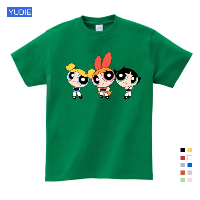 Лидер продаж, футболка для девочек «Powerpuff» футболка из чистого хлопка с короткими рукавами и круглым вырезом Детская одежда новая футболка для детей 6, 8, 10, 12 лет