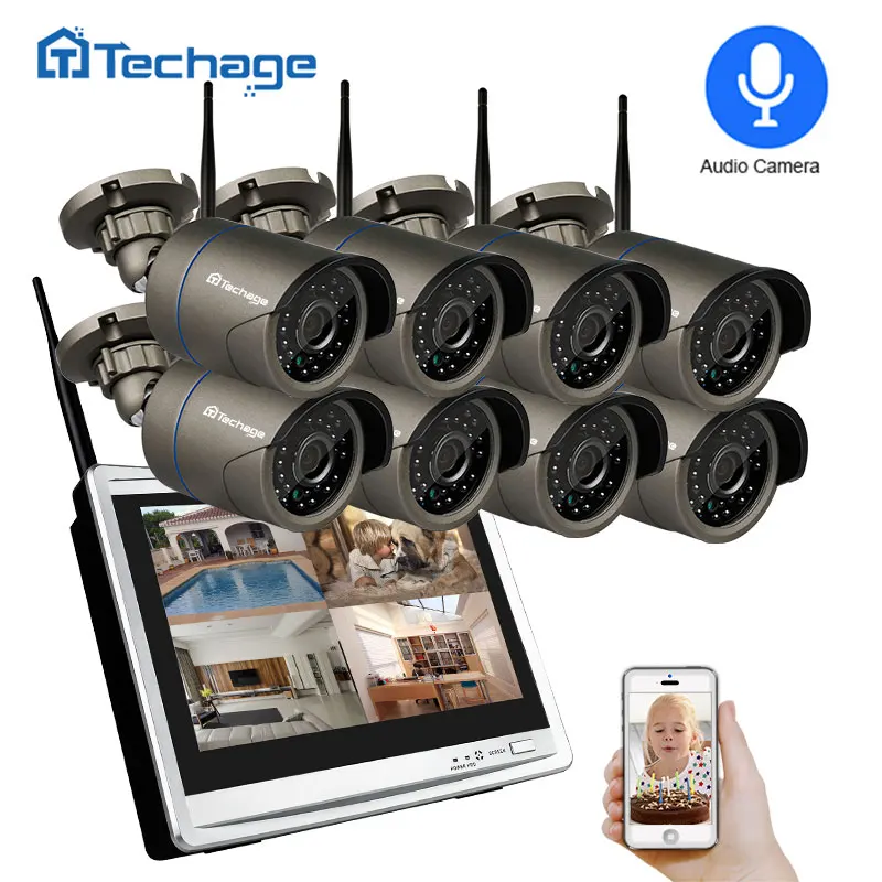 Techage 8CH 1080P беспроводная камера безопасности 1" ЖК монитор Wifi NVR наружная аудио камера видеонаблюдения P2P комплект видеонаблюдения