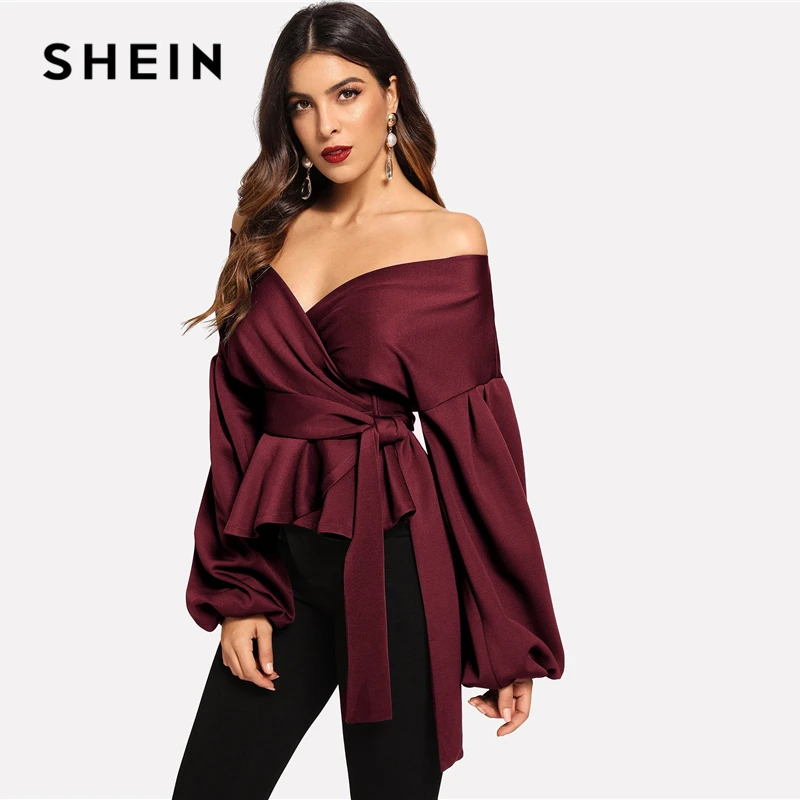 

SHEIN White Office Lady Elegant Lantern Sleeve Surplice Peplum Off the Shoulder Solid Blouse Autumn Sexy Women Tops And Blouses