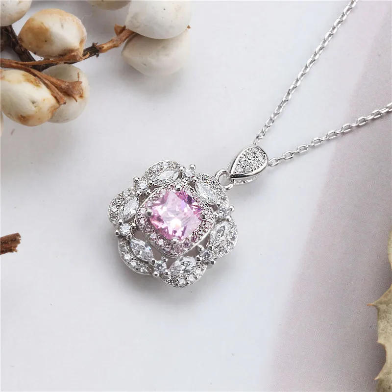Pink CC Твердые 925 серебряные ожерелья с подвесками для женщин кубический цирконий розовый/желтый квадратный камень роскошные ювелирные изделия кулон без цепи CCN256 - Окраска металла: Pink
