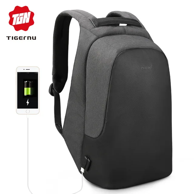 Tigernu Anti theft 15," зарядка через usb повседневный рюкзак для мужчин Путешествия непромокаемые модные школьный рюкзак женский мужской для подростков - Цвет: Black grey