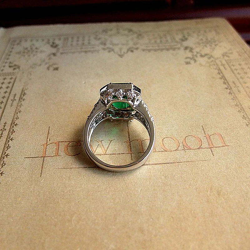 AAA Lab Created колумбийское Твердое 18K Белое Золото 2.7ctw Moissanite Green Emerald Halo Кольцо