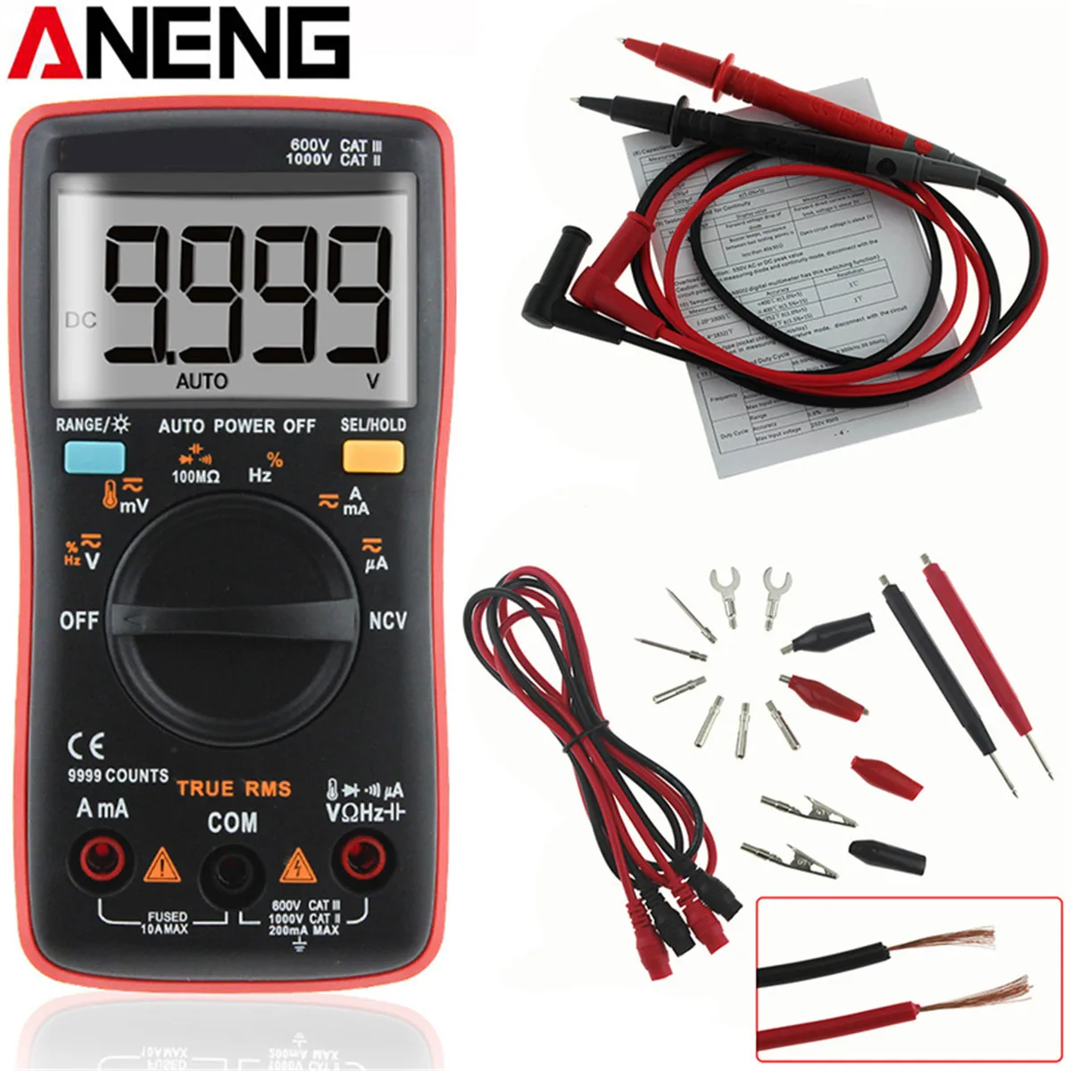 

ANENG AN8009 Auto Range Digital Multimeter 9999 Counts Backlight AC/DC Ammeter Voltmeter Ohm Transistor Tester Multi Meter