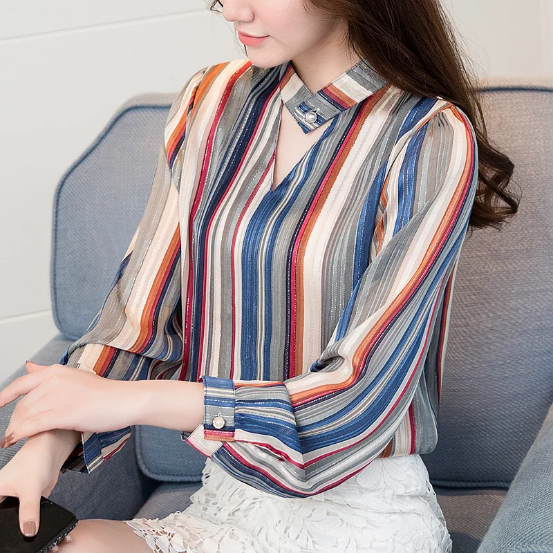 Blue Модные женские топы и блузки, шифоновая блузка, рубашка для женщин с v-образным вырезом, полосатая офисная блуза с длинным рукавом, женские рубашки A911 - Цвет: Blue