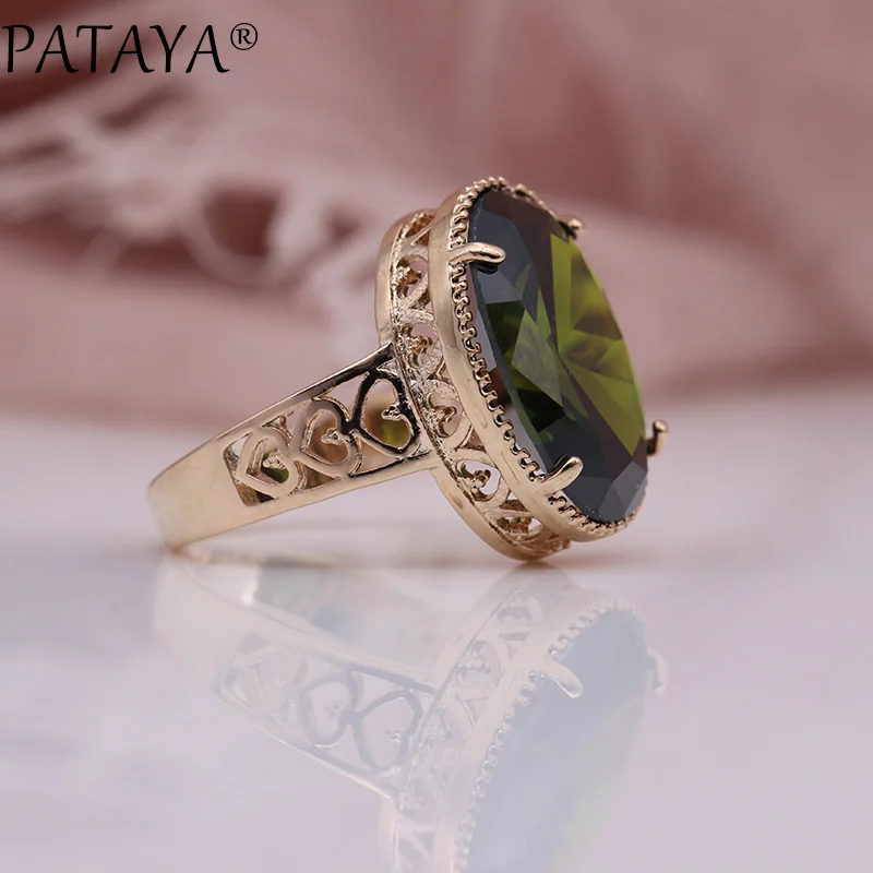Olive Green PATAYA, новинка, Овальный турмалин, 13 цветов, роскошные кольца для женщин, для свадьбы, вечеринки, модные украшения, 585, розовое золото, натуральный циркон, изящные кольца - Цвет основного камня: Olive Green