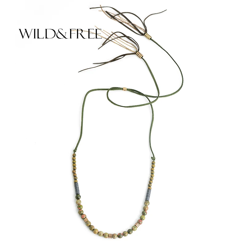 

Wild&Free Handmade Green Stone Beads Necklace For Women Boho Long Suede Tassel Pendant Necklace Jewelry Female Christmas Gift