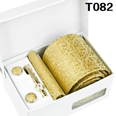 T082 Four Piece Set Галстуки, набор из четырех предметов, Цветочный Пейсли, твердый золотой, желтый, шампань, мужские галстуки, карманный квадратный зажим для галстука, запонки, новинка, шелк - Цвет: T082 Four Piece Set