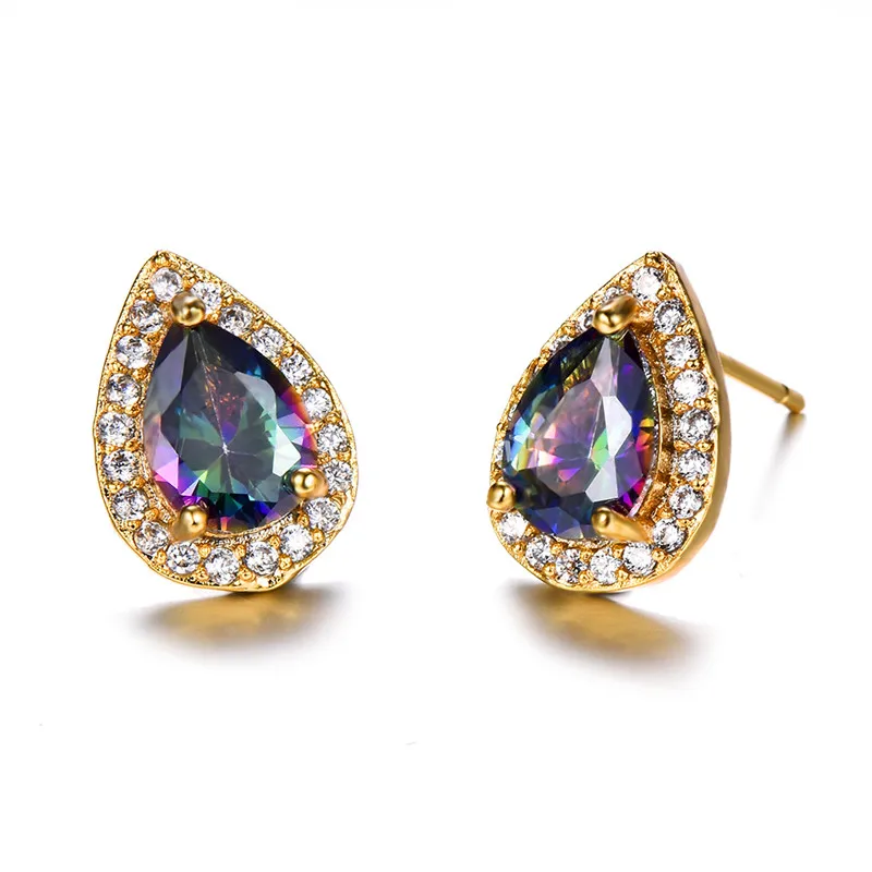 Yellow Gold Rainbow Серьги-гвоздики с австрийскими кристаллами в форме груши для женщин, 925 серебро, розовое золото, заполненные радугой, белые, синие, зеленые серьги с огненным опалом для женщин - Окраска металла: Yellow Gold Rainbow