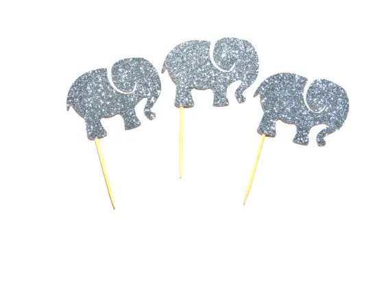 

silver Elephants Glitter Cupcake Toppers baby shower birthday cake toothpicks wedding topper