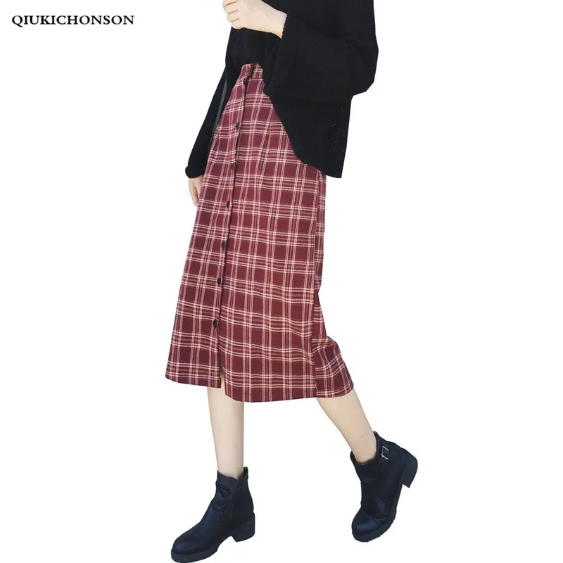 

Women High Waisted Plaid Skirt Spring Autumn Vintage Ladies Single-breasted A-Line Long Midi Skirts jupe femme