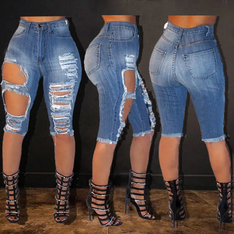 2018 модные корейские женские джинсы до колена с большими дырками высокой талией
