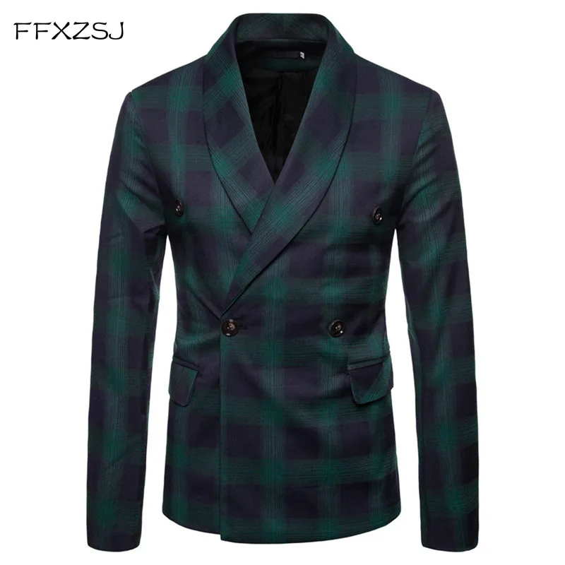 

FFXZSJ Fashion Men Blazer Casual Suit Slim Fit Suit Jacket Men Business Autumn Men's Casual Green Collar Double-Breasted Suit
