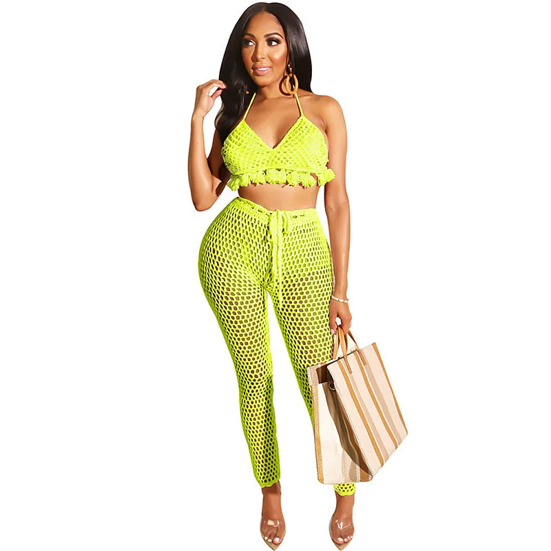 Женский трикотажный комплект из двух предметов вязаный крючком укороченный топ