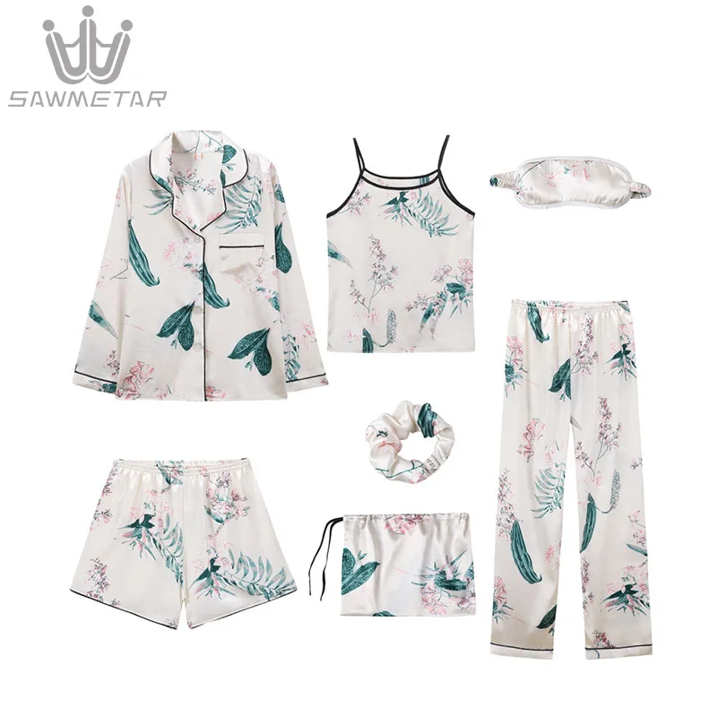 Women's 7Pieces Pajamas Sets Silk Satin Pijama Striped Print Pyjamas Women Long Sleeve Sleepwear Spring Summer Autumn Homewear