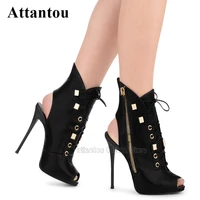 fashion mat leather gladiator summer sandals boots women peep toe lace up rivet ankle boots for women thin heels sandale femme
