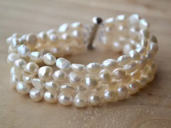 

White Pearl Jewellery,7.5inches 6-8mm Rice Genuine Freshwater Pearl Bracelet,4rows Baroque Shape,Magnet Clasp