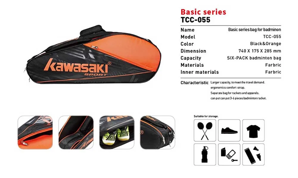 Kawasaki спортивные Бадминтон сумка Теннис ракетки Сумки один должен ракетка сумка(для 6 Ракеток) tcc-055