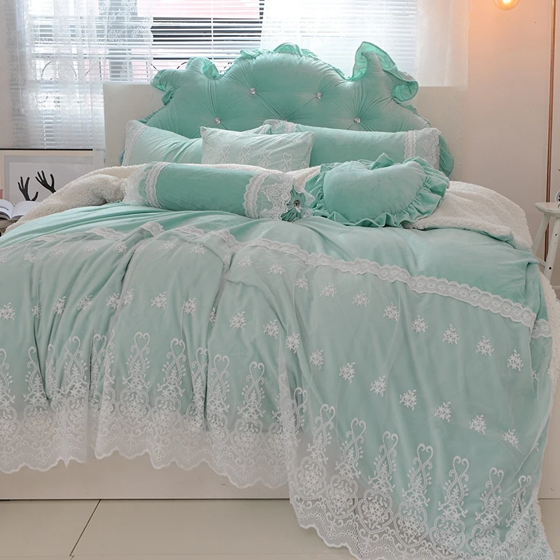 Blue Pink Purple Soft Berber Fleece Princess Girl White Lace Bedding Set Fleece Fabric Duvet Cover Bed sheet/Linen Pillowcases