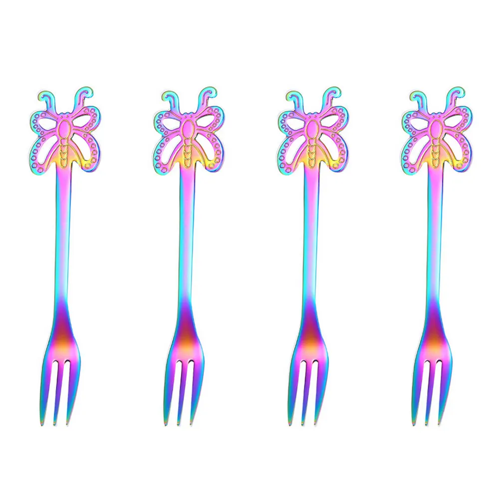 Colorful Fork 4 шт., в форме бабочки кофейные ложки Десертные Вилки для фруктов из нержавеющей стали салатные вилки для закуски перемешивание ложки для сахара набор чайных ложек - Цвет: Colorful Fork