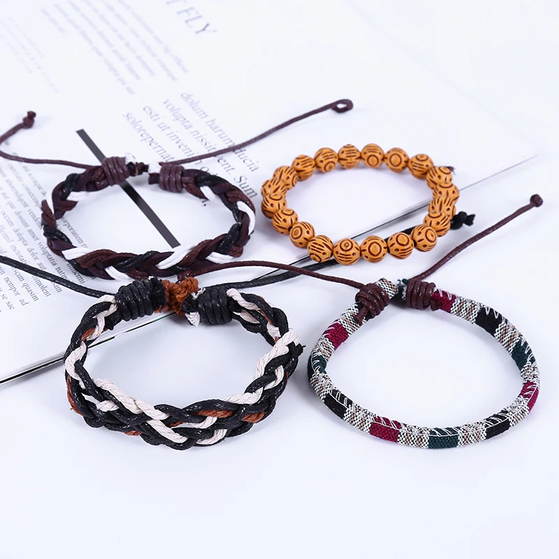 4 шт./компл. плетеные из натуральной кожи черные/коричневые Многослойные браслеты