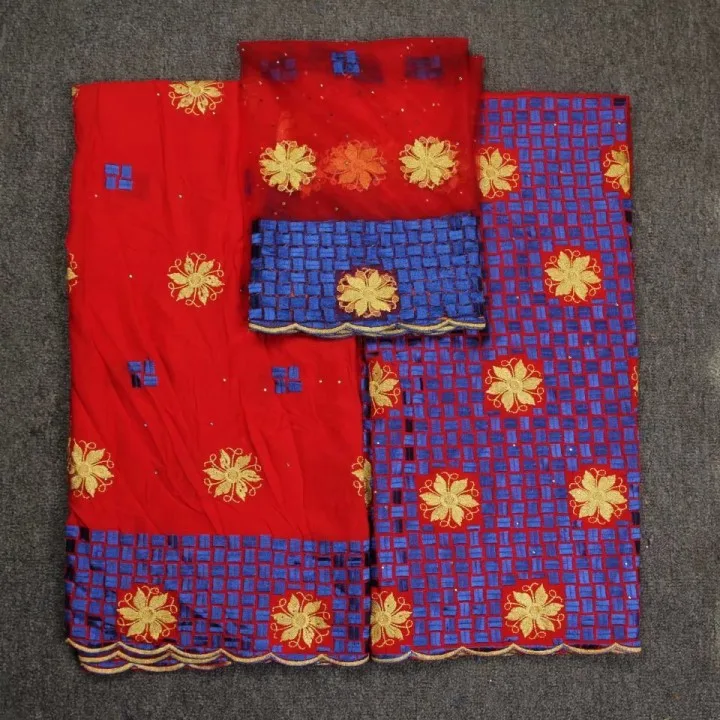 5 ярдов/шт великолепные красные хлопковый в африканском стиле синяя вышивка и 2