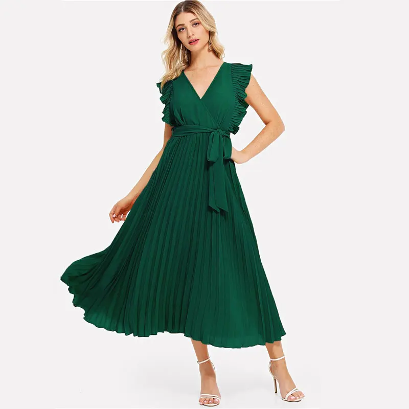 SHEIN Плиссированное Платье С Оборками И Поясом Женское Летнее Элегантное Платье С Высокой Талией И V-Образным Вырезом