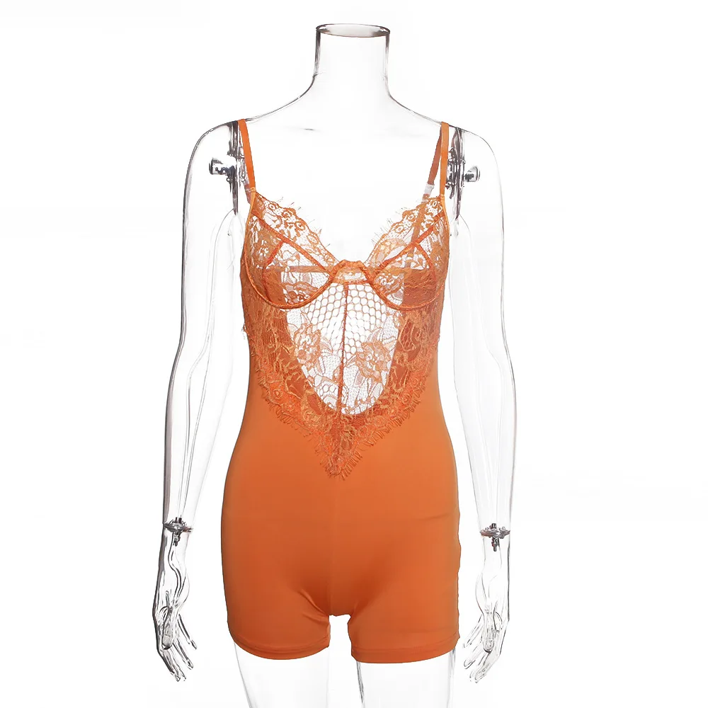 Женские кружевные комбинезоны с открытой спиной Оранжевые Комбинезоны сетчатые