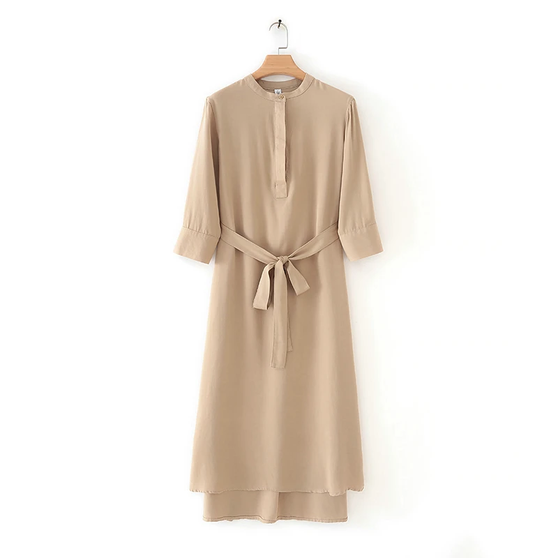 Хаки Tangada элегантное платье базовое платье с поясом бежевое платье черное платье с рукавом 3\4 платье миди платье ниже колена платье прямого силуэта платье с ассиметричным подолом платье рубашка деловой стиль 4T02 - Цвет: Хаки